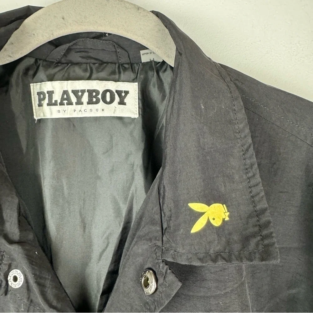 PLAYBOY by Pacsun Snap Nylon Jacket  Bunny Logo Jacket, Black & Yellow, Medium